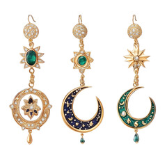 Elegant gold earrings featuring celestial designs with emerald and sapphire accents isolated on transparent background, cutout png