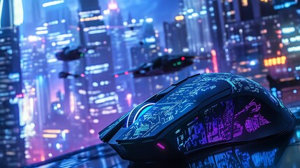 Futuristic gaming mouse illuminated with vibrant lights in a cyberpunk cityscape with tall skyscrapers and helicopters in a nighttime setting