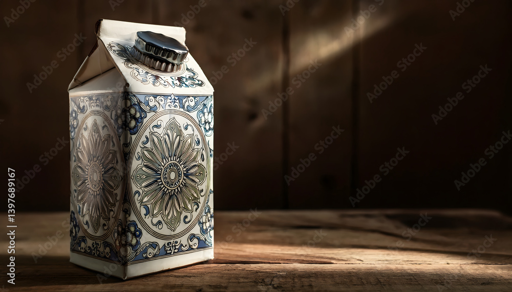 Poster a decorative milk carton sits on a wooden surface, illuminated by soft light, showcasing intricate p
