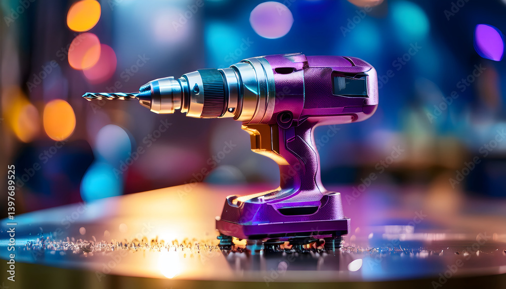 Poster a colorful electric drill on a reflective surface with blurred lights in the background