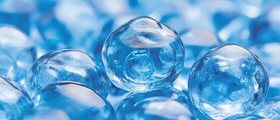 Several transparent blue spheres are closely grouped in a close up shot