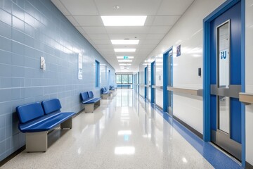 A brightly lit hospital corridor with blue accents on the walls