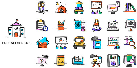 Education 24 color Hand drawn icons. Contain such books, pen, pencil, light, clock. Vector illustration.