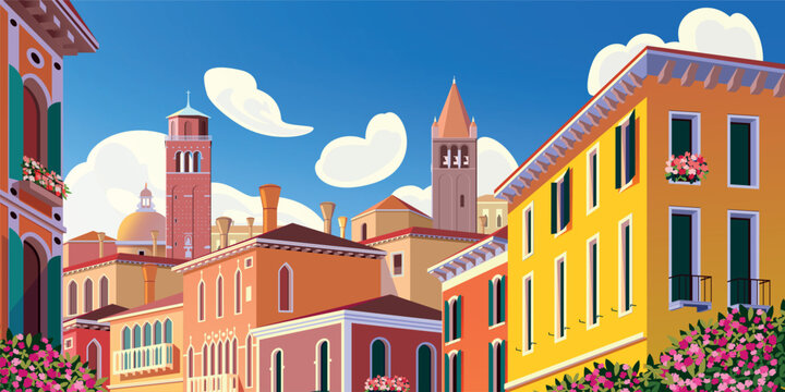 A fantasy colorful cityscape panorama with Venetian palaces, flower beds, churches and cathedrals in the background. Handmade drawing vector illustration. Can be used in tourist banners, cover books.