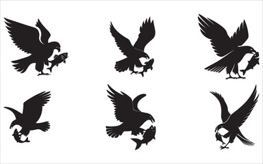 Eagle Catching Fish Silhouette Set &ndash; Predator Bird Logos in Flight