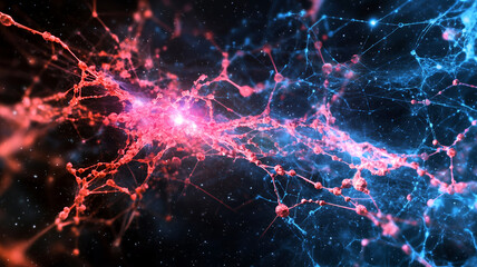 Abstract digital art depicting vibrant network of interconnected nodes and strands red and blue colors, symbolizing energy