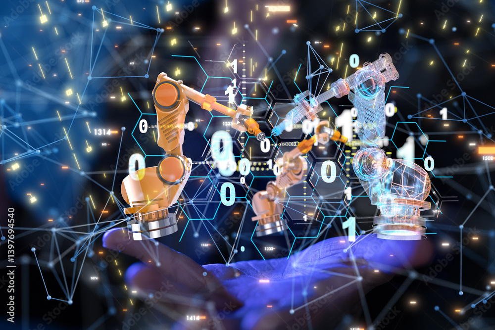 Poster Neural network 3D illustration. Big data and cybersecurity