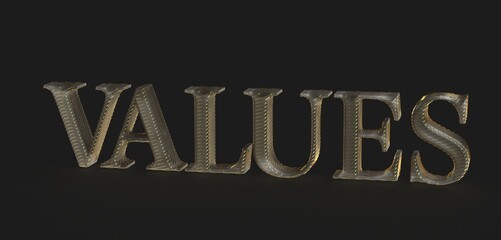 High-quality 3D rendering of the word 'VALUES' in gold. Ideal for business, finance, and ethical...
