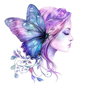 
Watercolor Clipart, White background, ultra-detailed, hyper-realistic beautiful butterfly on the photo frame with Assange's hair in a pastel color palette.