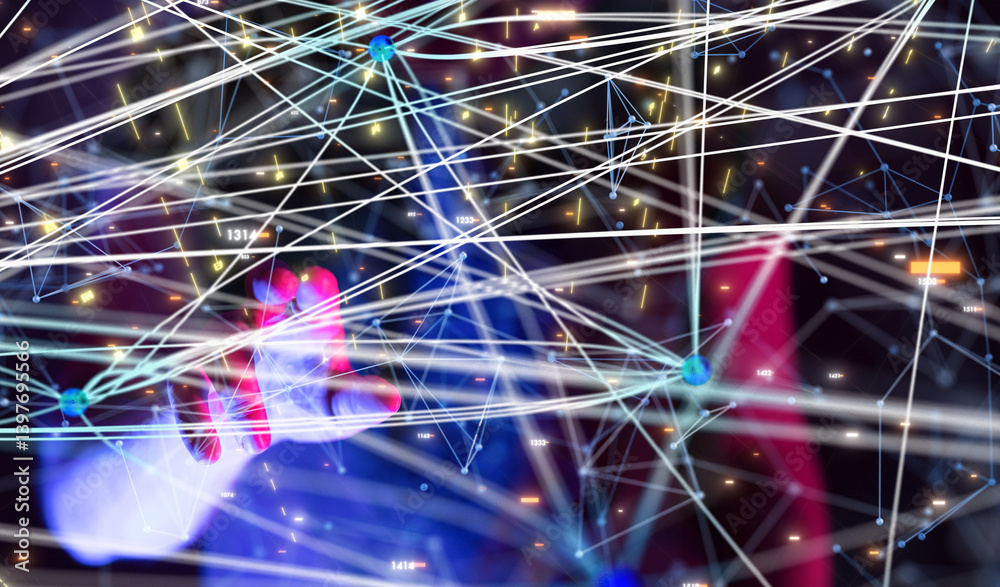 Poster Global network. Blockchain. 3D illustration. Neural networks and artificial intelligence. Abstract