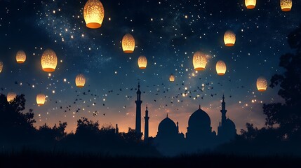 Naklejka premium Luminous Lanterns Float Over A Mosque Silhouette In A Starry Night Sky