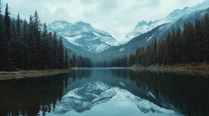 A serene mountain lake surrounded by pine trees, with a mirror reflection of the snow-capped peaks pic