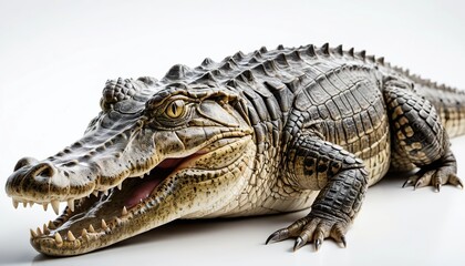 Obraz premium Crocodile isolated on white background. Crocodile predatory animal, stuffed crocodile, exotic skin. Concept of advertisement, calendar, banner