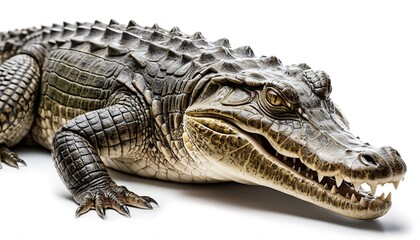 Naklejka premium Crocodile isolated on white background. Crocodile predatory animal, stuffed crocodile, exotic skin. Concept of advertisement, calendar, banner