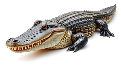 Fototapeta premium Crocodile isolated on white background. Crocodile predatory animal, stuffed crocodile, exotic skin. Concept of advertisement, calendar, banner