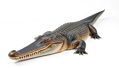 Fototapeta premium Crocodile isolated on white background. Crocodile predatory animal, stuffed crocodile, exotic skin. Concept of advertisement, calendar, banner