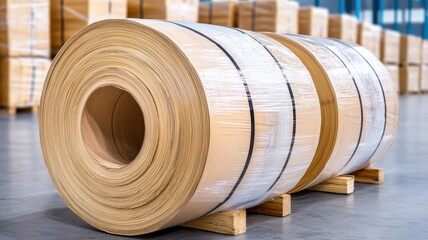 A large roll of cardboard is stacked on a wooden pallet, surrounded by neatly arranged sheets in a spacious industrial setting.