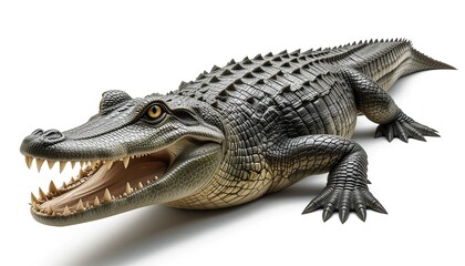 Fototapeta premium Crocodile with open mouth isolated on white background. Crocodile protection concept, green conservationists