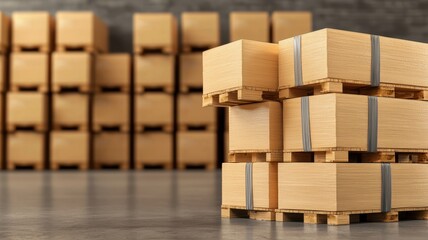 Export, distribution and demand concept. Stacked wooden pallets with boxes, showcasing an organized warehouse or storage environment.