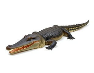 Naklejka premium Crocodile isolated on white background. Crocodile predatory animal, stuffed crocodile, exotic skin. Concept of advertisement, calendar, banner