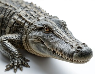 Fototapeta premium Crocodile isolated on white background. Crocodile predatory animal, stuffed crocodile, exotic skin. Concept of advertisement, calendar, banner