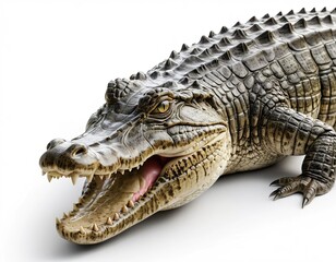 Fototapeta premium Crocodile with open mouth isolated on white background. Crocodile protection concept, green conservationists