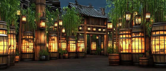 Lit lanterns line a wooden pathway near buildings and greenery