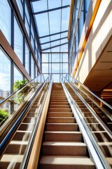 Bright modern staircase leading upwards, surrounded by large gla
