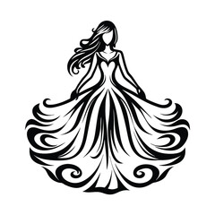 Abstract Woman in Long Dress Silhouette Illustration, Flowing Hair and Elegant Gown