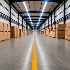 Fototapeta premium Brightly Lit Industrial Warehouse Interior with Stacks of Cardboard Boxes