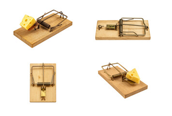 Classic wooden rat traps with cheese bait – isolated on transparent background