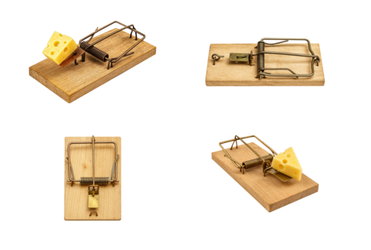Classic wooden rat traps with cheese bait – isolated on transparent background