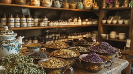 Fototapeta premium Organic tea shop with dried herbs and cups pic