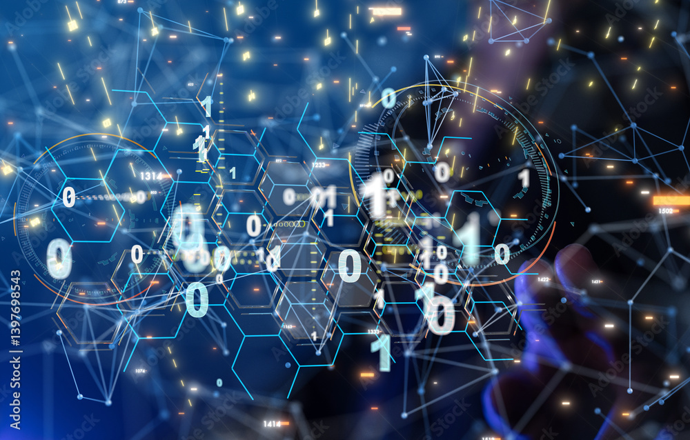 Poster Neural network 3D illustration. Big data and cybersecurity