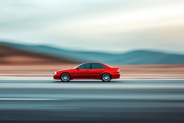 A red sedan captured in motion on an open road