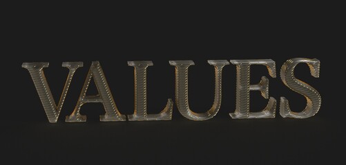 High-quality 3D rendering of the word 'VALUES' in gold. Ideal for business, finance, and ethics...