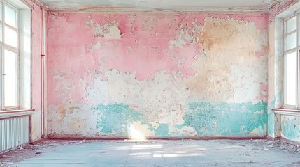 Abandoned room with peeling paint and two windows showing signs of decay and neglect in a dilapidated space