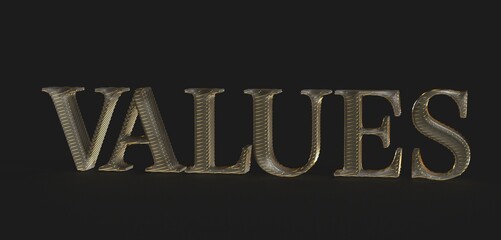 High-quality stock photo of 3D gold text spelling 'Values' on a black background. Ideal for...