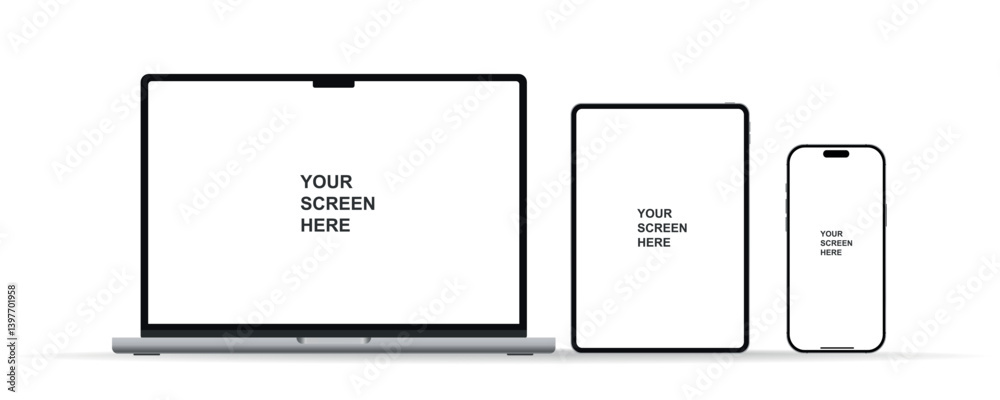 Wall mural modern laptop mockup front view, smartphone and tablet mockup isolated on white background. notebook