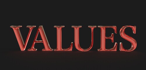 High-quality stock photo of the word VALUES in red 3D text on a black background. Perfect for business, finance, and ethics concepts.