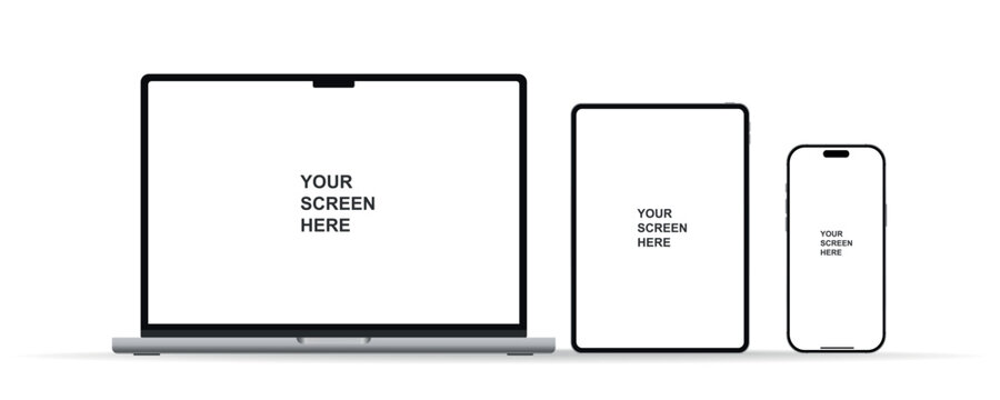 Modern laptop mockup front view, smartphone and tablet mockup isolated on white background. Notebook, phone and tablet device mockup for UI UX app and website presentation. Vector illustration