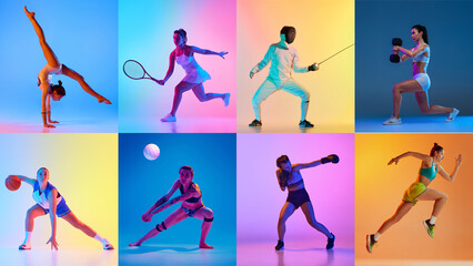 Collage. Female athletes striking poses with equipment in colorful light. Concept of sport...