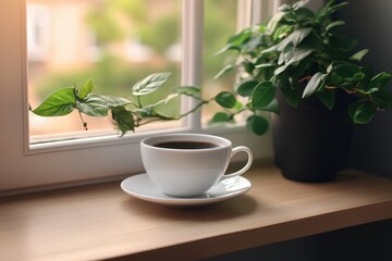 Coffee cup on windowsill with plants