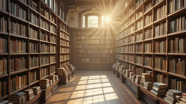 Sunlit library and bookstore aisle with bookshelves filled on a bright day. concept of knowledge, literature, study, education