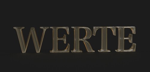 High-quality 3D rendering of the German word Werte (values) in gold. Ideal for concepts of ethics,...