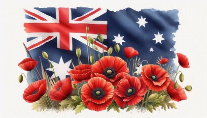 Anzac Day art. Australia flag with poppy flowers. Symbol of remembrance, honor, AI	