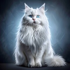 Majestic white cat with striking blue eyes sitting gracefully against a soft blue background