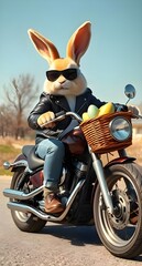 Cool Easter bunny in a leather jacket and sunglasses riding a chopper with a basket full of Easter eggs. Phone background photo