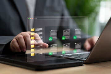 Download the document, Data management concept, Businessman touch on the digital folder, document download  files, Cloud storage technology, DatA backup, Cyber security, DSM
