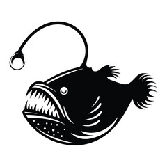 Anglerfish Illustration, Deep Sea Fish, Black and White Silhouette, Marine Life, Predator